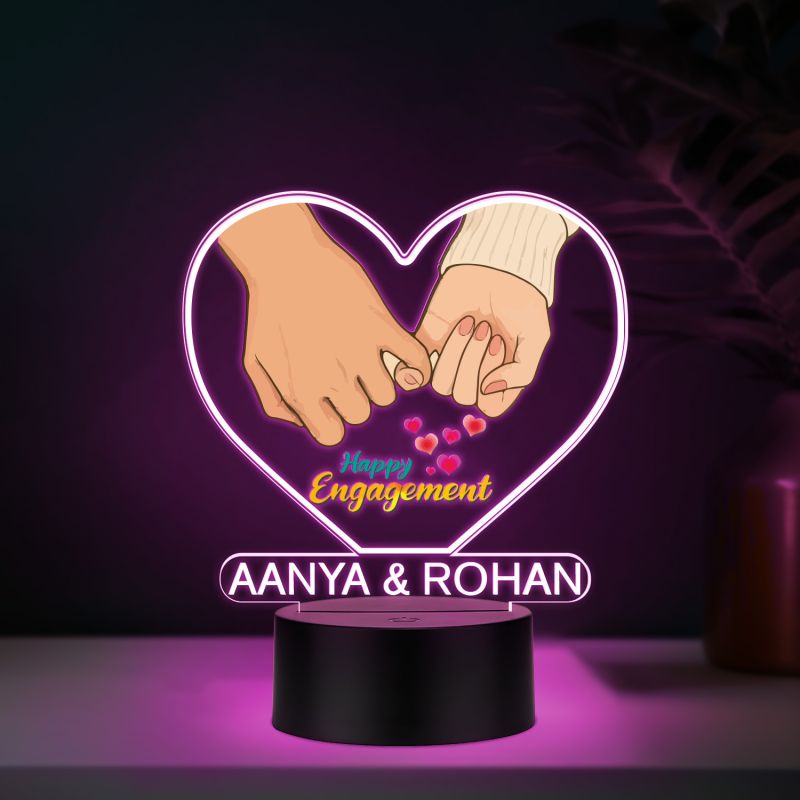 Personalized Happy Engagement LED Night Lamp with Couple Hand Heart Design and Custom with Couple Names Multicolored Light Engagement Gift for Couples